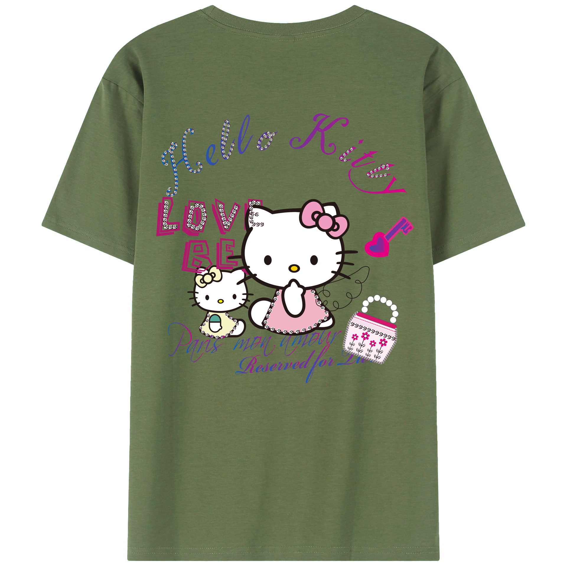 （画像用） Hello Kitty ハローキティ 綿100％ メンズ半袖Tシャツ（バックプリント） 通気性